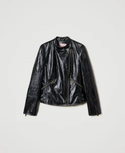 Giacca Chiodo Effetto Pelle Con Zip