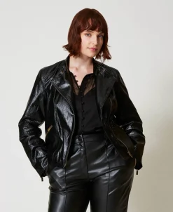 Giacca Chiodo Effetto Pelle Con Zip
