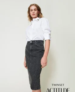 Gonna Longuette In Jeans Con Strass