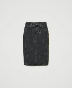 Gonna Longuette In Jeans Con Strass