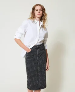 Gonna Longuette In Jeans Con Strass