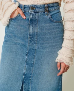 Gonna Longuette In Jeans Con Spacco