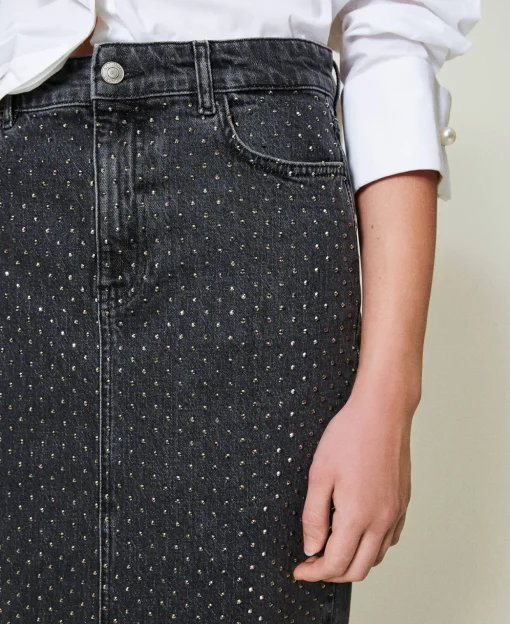 Gonna Longuette In Jeans Con Strass