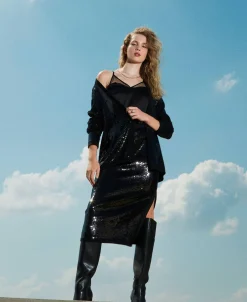 Gonna Longuette In Maglia Full Paillettes