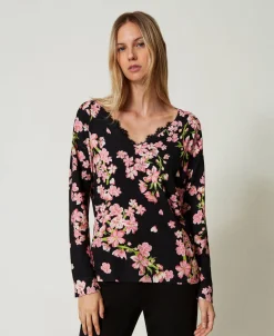 Maglia Con Stampa A Fiori E Pizzo