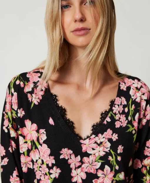 Maglia Con Stampa A Fiori E Pizzo