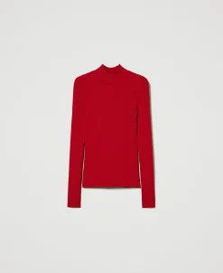 Maglia Fitted A Costine Con Apertura