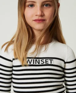 Maglia Girocollo A Righe Con Logo Jacquard