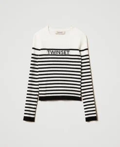 Maglia Girocollo A Righe Con Logo Jacquard