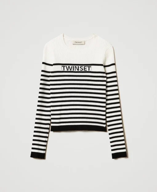 Maglia Girocollo A Righe Con Logo Jacquard