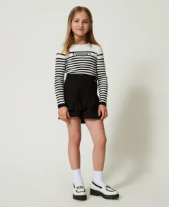 Maglia Girocollo A Righe Con Logo Jacquard
