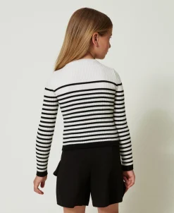 Maglia Girocollo A Righe Con Logo Jacquard
