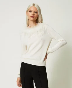 Maglia Regular In Misto Lana Con Piume