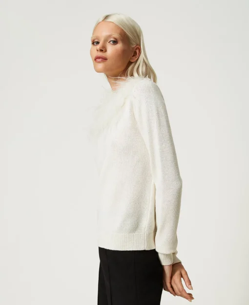 Maglia Regular In Misto Lana Con Piume