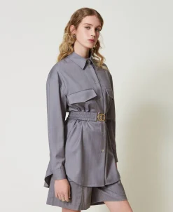 Maxi Camicia Gessata Con Cintura
