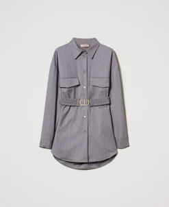 Maxi Camicia Gessata Con Cintura