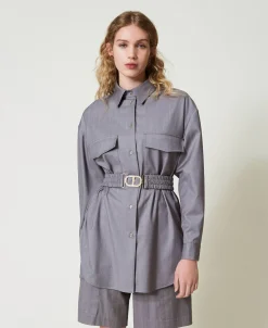 Maxi Camicia Gessata Con Cintura
