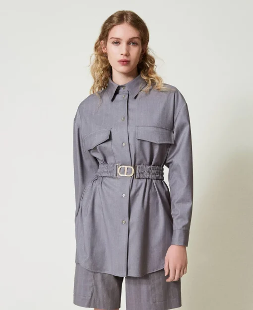 Maxi Camicia Gessata Con Cintura