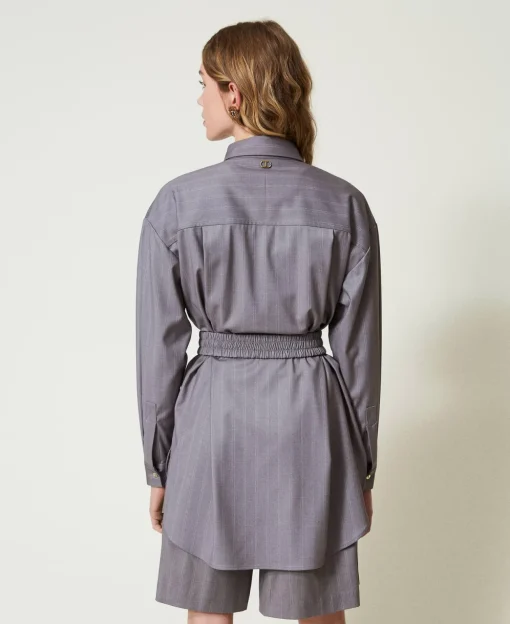 Maxi Camicia Gessata Con Cintura