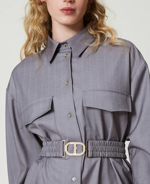 Maxi Camicia Gessata Con Cintura