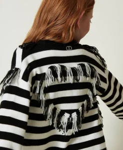 Maxi Cardigan In Maglia A Righe Con Frange