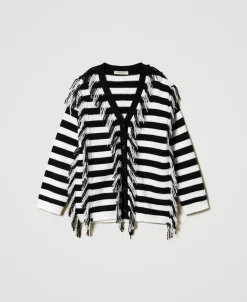 Maxi Cardigan In Maglia A Righe Con Frange