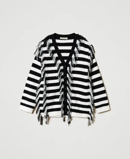 Maxi Cardigan In Maglia A Righe Con Frange