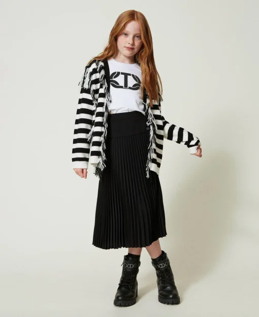 Maxi Cardigan In Maglia A Righe Con Frange