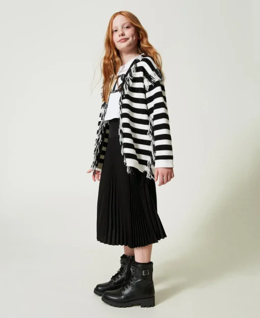 Maxi Cardigan In Maglia A Righe Con Frange