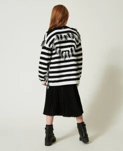 Maxi Cardigan In Maglia A Righe Con Frange