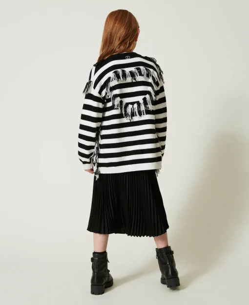 Maxi Cardigan In Maglia A Righe Con Frange