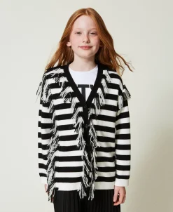 Maxi Cardigan In Maglia A Righe Con Frange