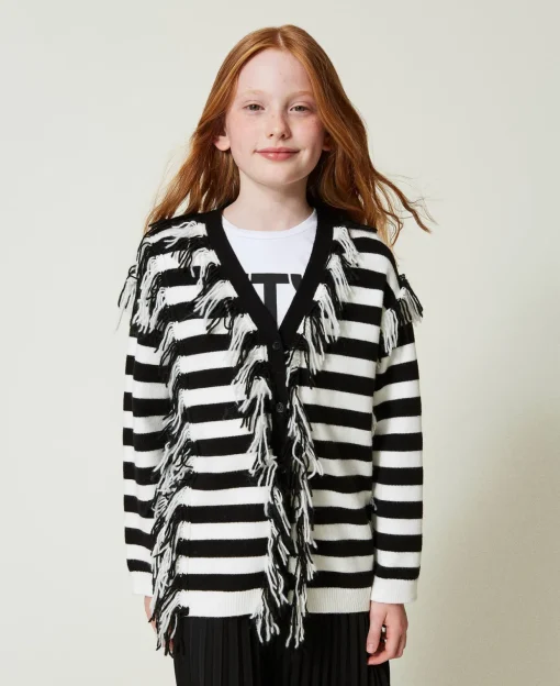 Maxi Cardigan In Maglia A Righe Con Frange