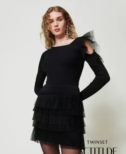 Minigonna In Maglia Con Balze In Tulle