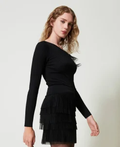 Minigonna In Maglia Con Balze In Tulle