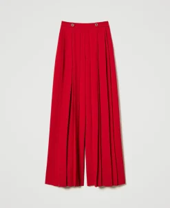 Pantaloni In Crêpe Plissé Con Bottoni