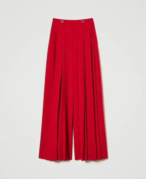Pantaloni In Crêpe Plissé Con Bottoni
