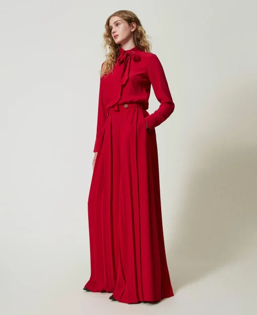 Pantaloni In Crêpe Plissé Con Bottoni
