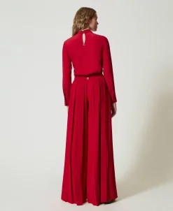 Pantaloni In Crêpe Plissé Con Bottoni