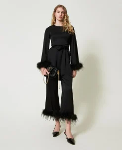 Pantaloni In Raso Con Piume