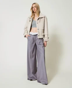 Pantaloni Wide Leg Gessati Con Risvolto