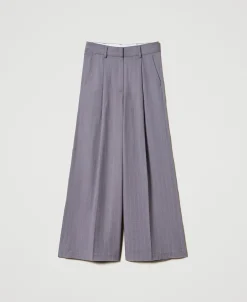 Pantaloni Wide Leg Gessati Con Risvolto