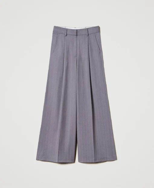 Pantaloni Wide Leg Gessati Con Risvolto