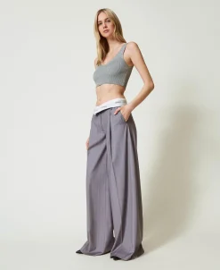 Pantaloni Wide Leg Gessati Con Risvolto