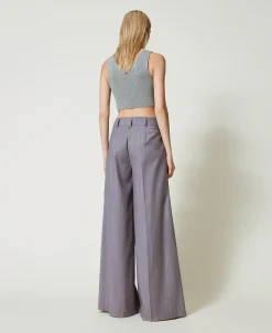 Pantaloni Wide Leg Gessati Con Risvolto