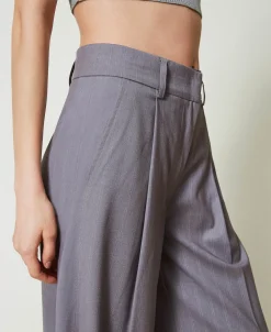 Pantaloni Wide Leg Gessati Con Risvolto