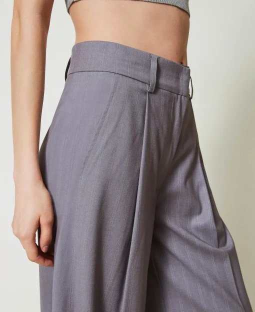 Pantaloni Wide Leg Gessati Con Risvolto