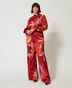 Pantaloni Wide Leg In Raso A Fiori
