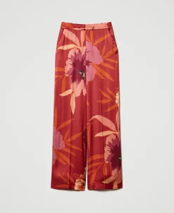 Pantaloni Wide Leg In Raso A Fiori