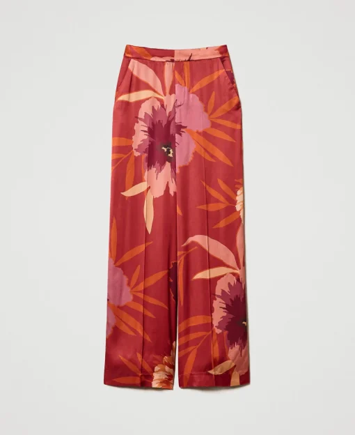Pantaloni Wide Leg In Raso A Fiori